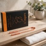 Copper tongue scraper set of two resting on a bathroom shelf