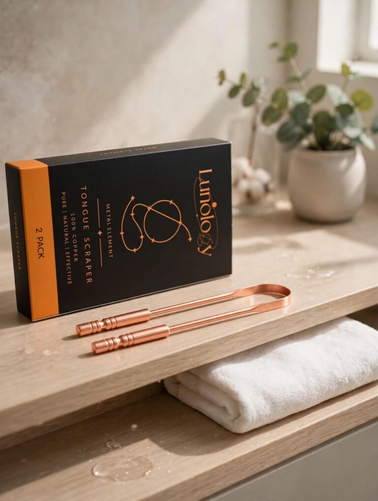 Copper tongue scraper set of two resting on a bathroom shelf