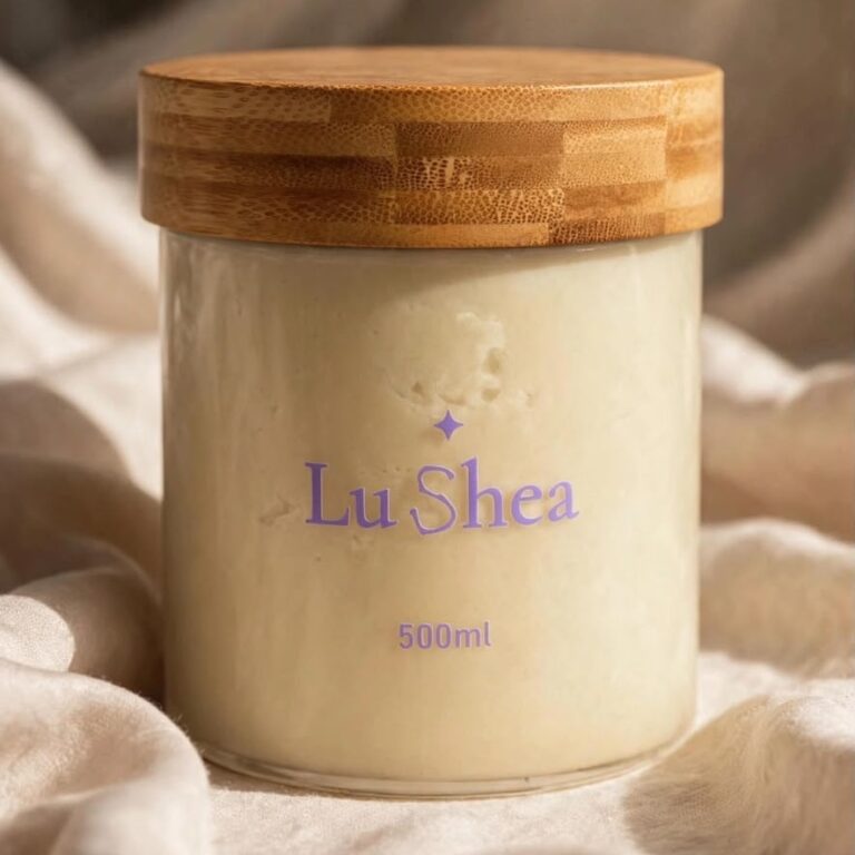 Lu Shea 500ml shea butter jar resting on soft natural linen