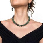 Natural jade necklace in tourmaline colors with polished 9mm beads and a gold clasp