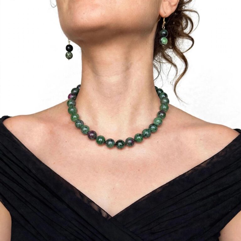 Natural jade necklace in tourmaline colors with polished 9mm beads and a gold clasp
