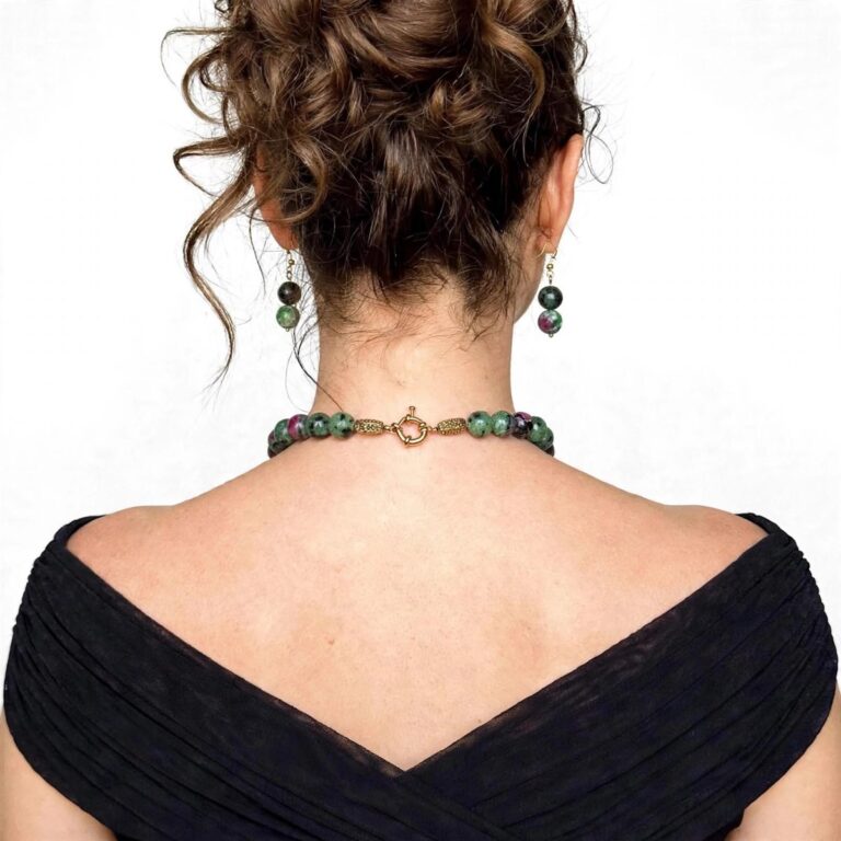 Natural jade necklace in tourmaline colors with polished 9mm beads and a gold clasp