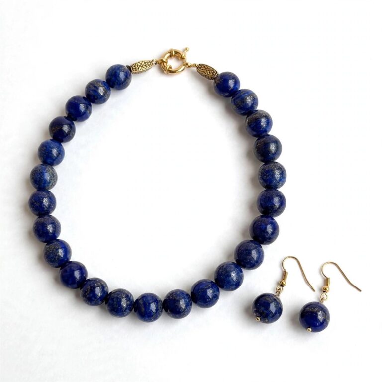 Natural lapis lazuli necklace with polished beads and an elegant gold clasp