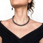 Natural ruby zoisite necklace with polished 8 mm green and red beads and a clasp
